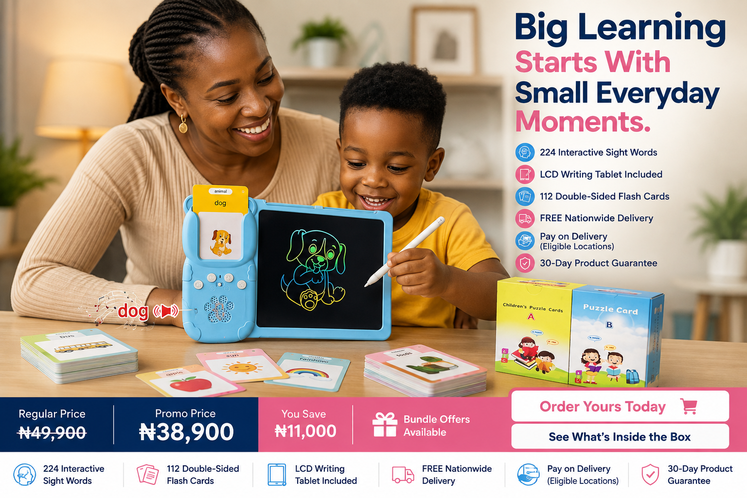 Big Learning Starts With Small Everyday Moments - Talking Flashcard Reader and LCD Writing Tablet Learning Set